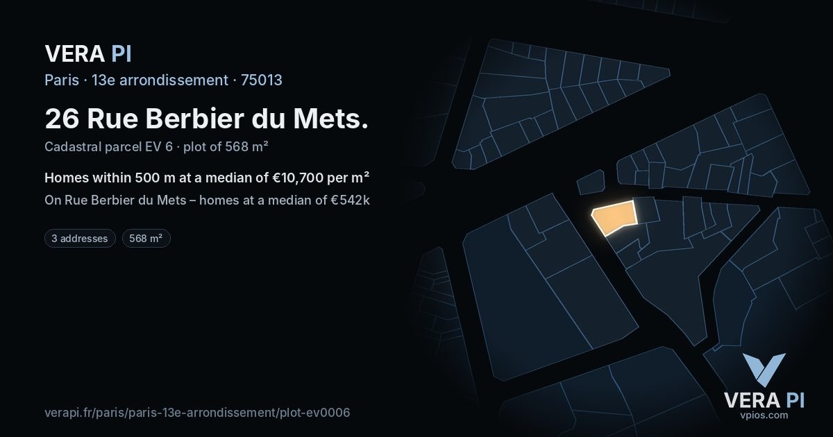 26 Rue Berbier du Mets, 13e arrondissement at night – the plot lit, the parcels around coloured by the prices near them