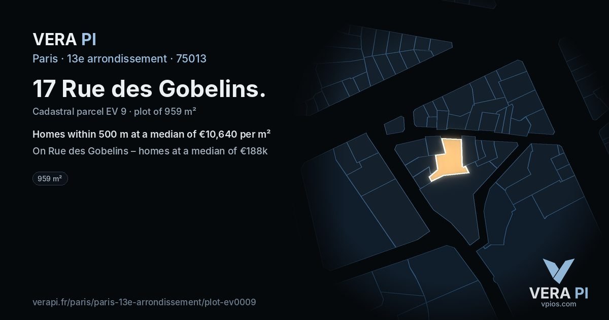 17 Rue des Gobelins, 13e arrondissement at night – the plot lit, the parcels around coloured by the prices near them