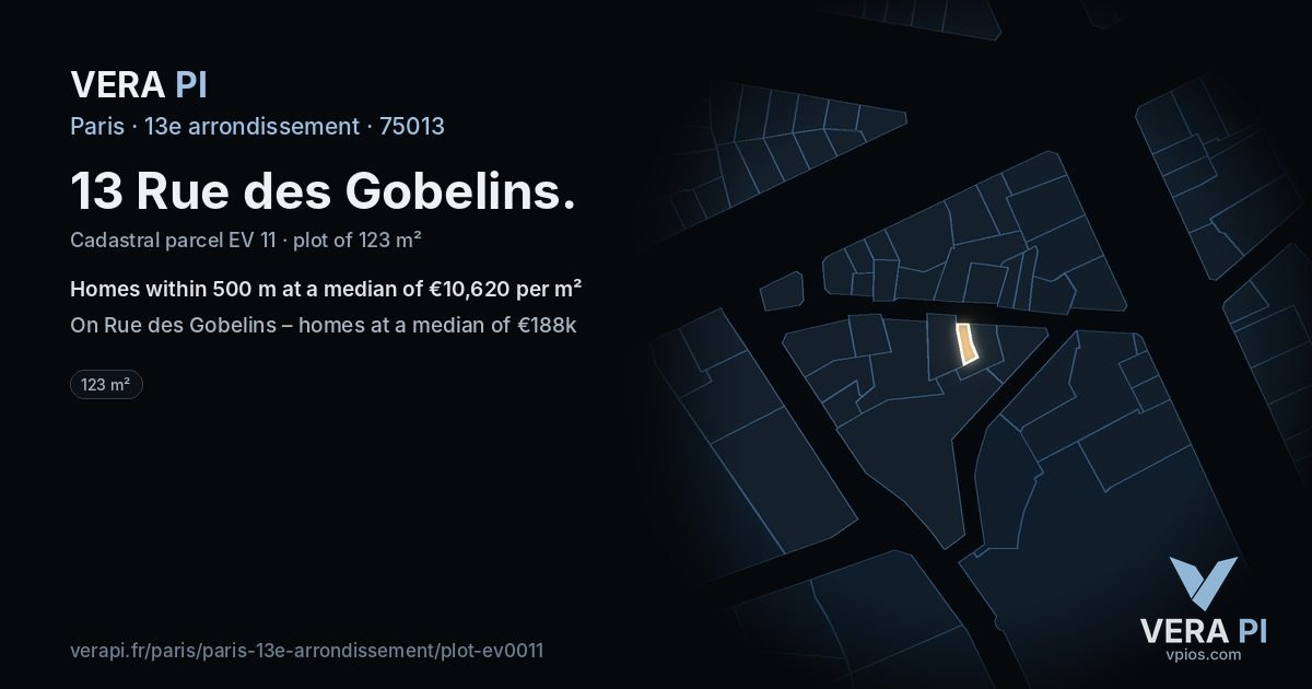 13 Rue des Gobelins, 13e arrondissement at night – the plot lit, the parcels around coloured by the prices near them