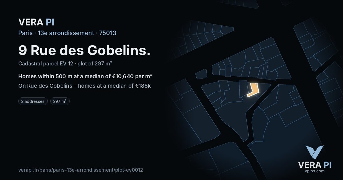 9 Rue des Gobelins, 13e arrondissement at night – the plot lit, the parcels around coloured by the prices near them