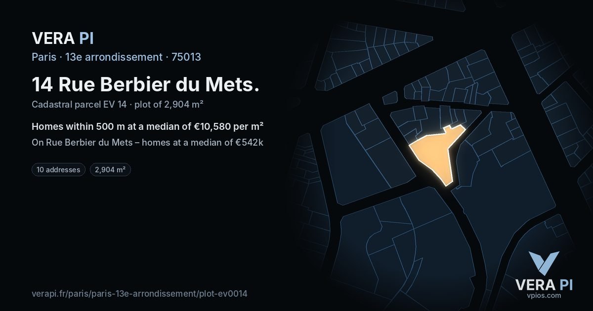 14 Rue Berbier du Mets, 13e arrondissement at night – the plot lit, the parcels around coloured by the prices near them