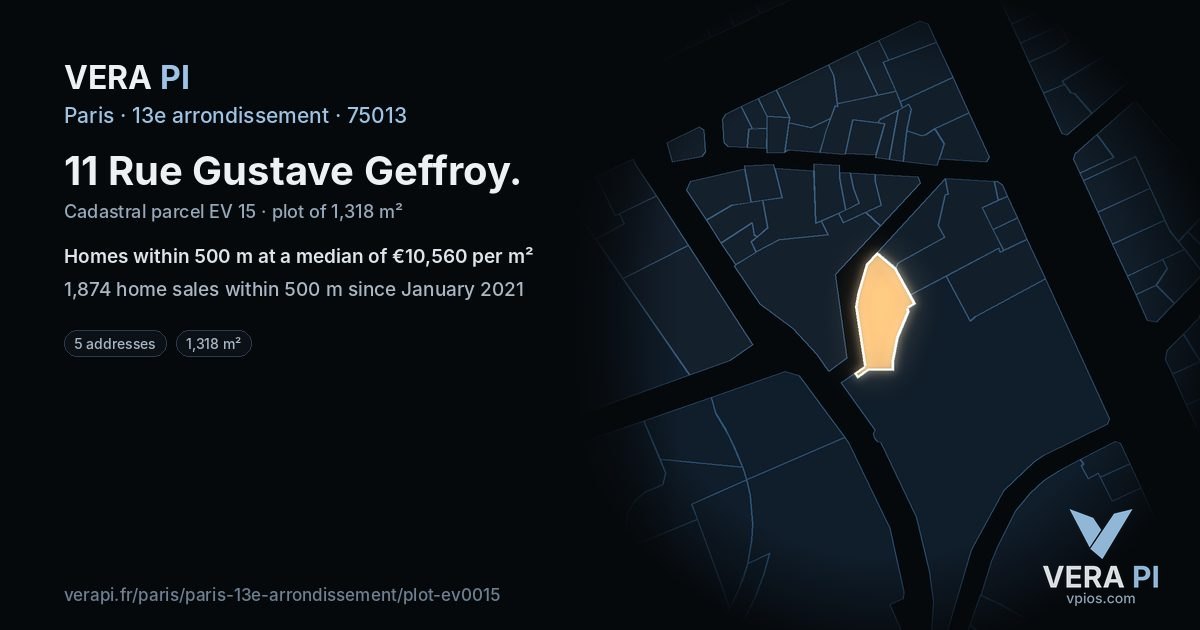 11 Rue Gustave Geffroy, 13e arrondissement at night – the plot lit, the parcels around coloured by the prices near them
