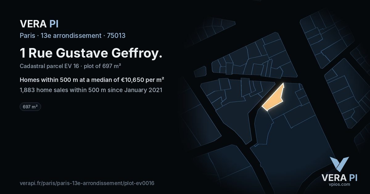 1 Rue Gustave Geffroy, 13e arrondissement at night – the plot lit, the parcels around coloured by the prices near them