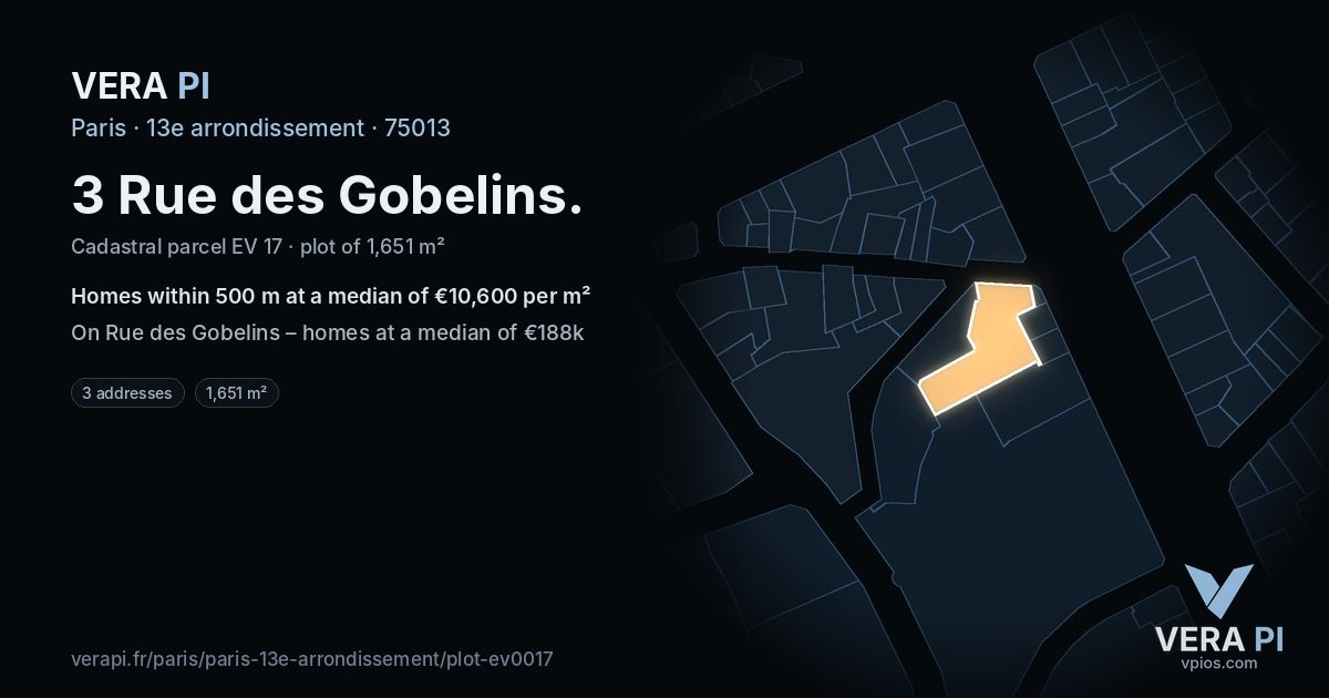 3 Rue des Gobelins, 13e arrondissement at night – the plot lit, the parcels around coloured by the prices near them