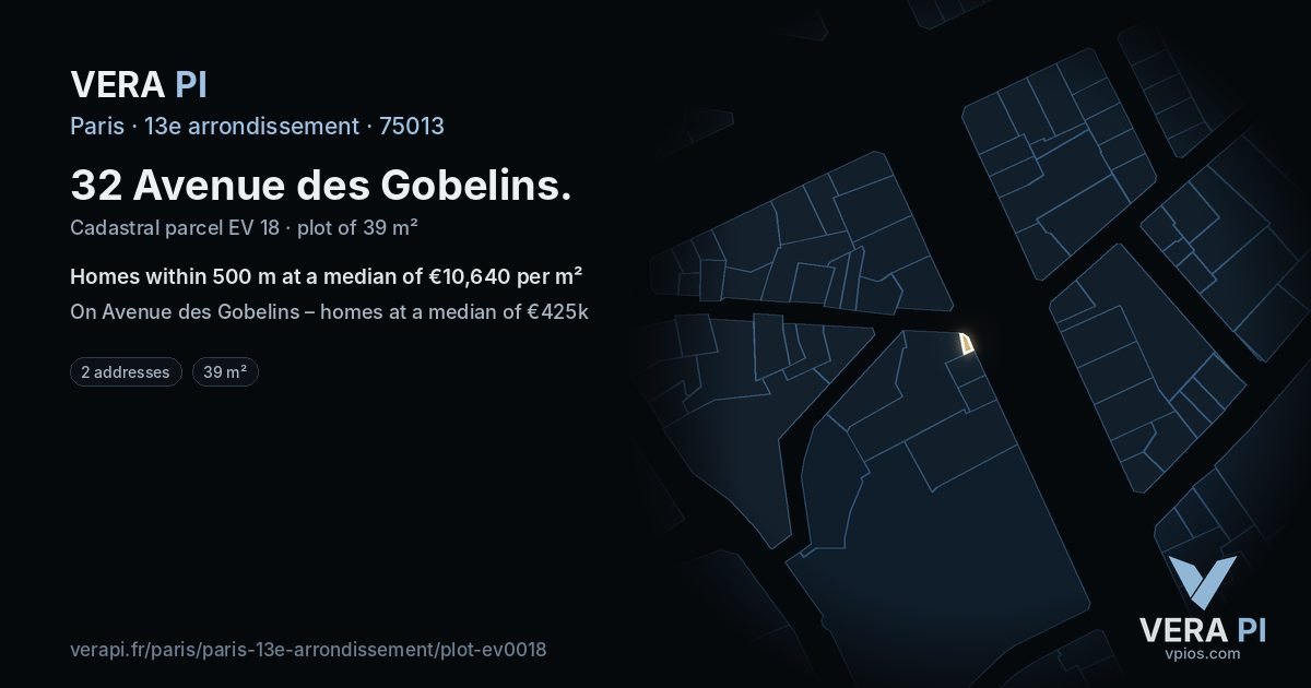 32 Avenue des Gobelins, 13e arrondissement at night – the plot lit, the parcels around coloured by the prices near them