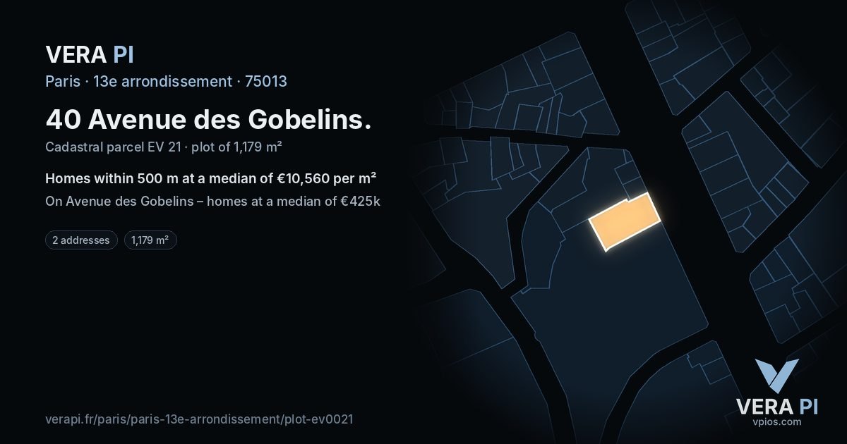 40 Avenue des Gobelins, 13e arrondissement at night – the plot lit, the parcels around coloured by the prices near them