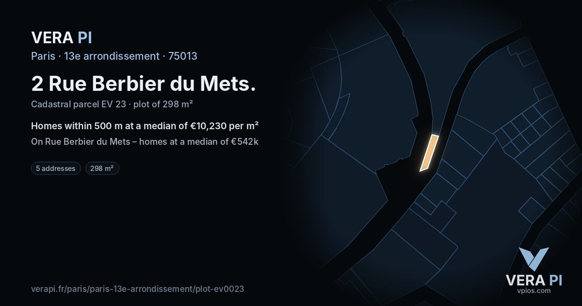 2 Rue Berbier du Mets, 13e arrondissement at night – the plot lit, the parcels around coloured by the prices near them