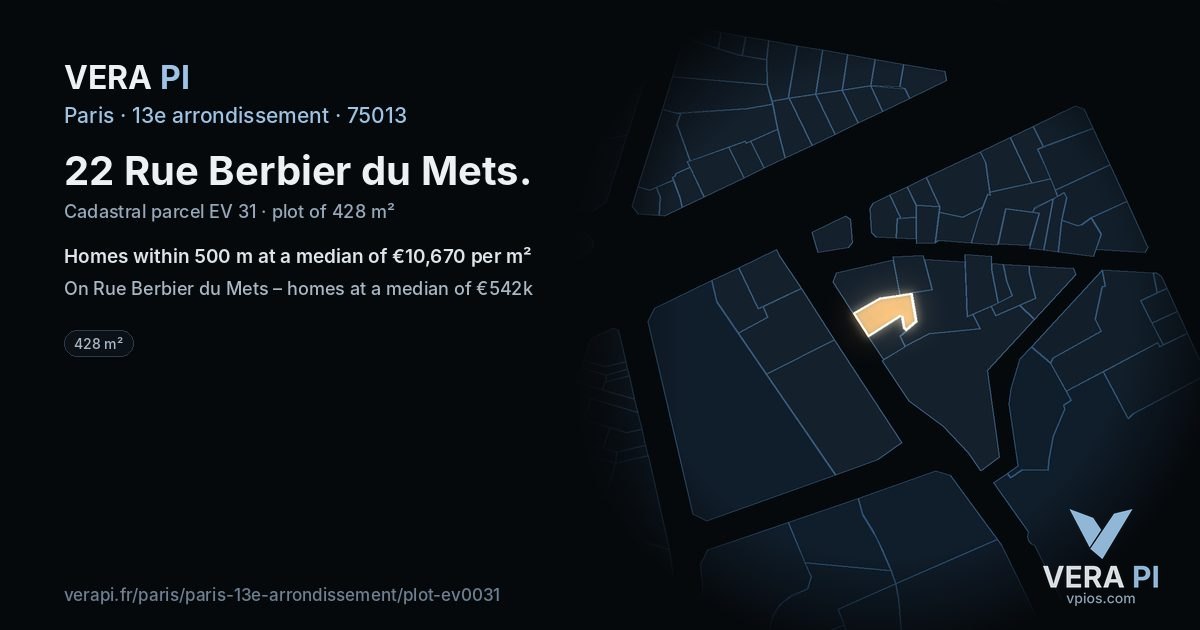 22 Rue Berbier du Mets, 13e arrondissement at night – the plot lit, the parcels around coloured by the prices near them