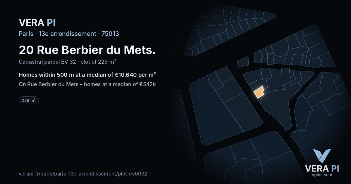 20 Rue Berbier du Mets, 13e arrondissement at night – the plot lit, the parcels around coloured by the prices near them