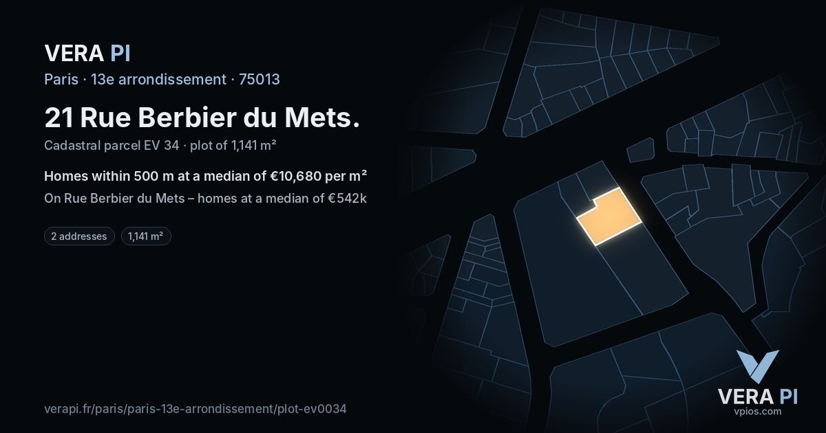 21 Rue Berbier du Mets, 13e arrondissement at night – the plot lit, the parcels around coloured by the prices near them