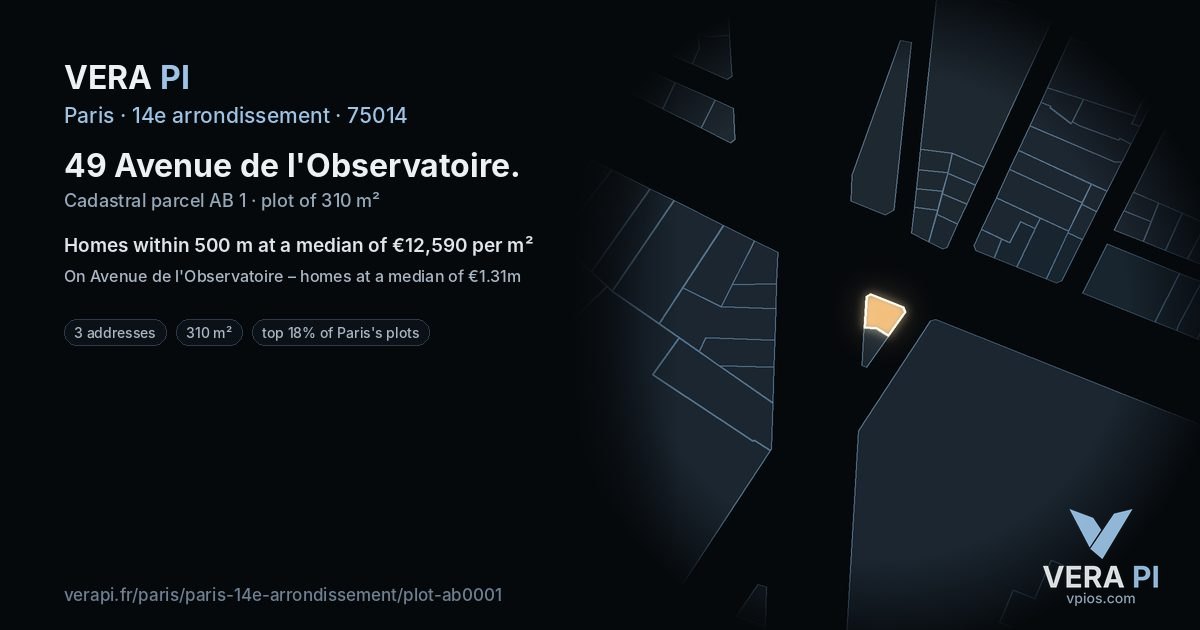 49 Avenue de l'Observatoire, 14e arrondissement at night – the plot lit, the parcels around coloured by the prices near them
