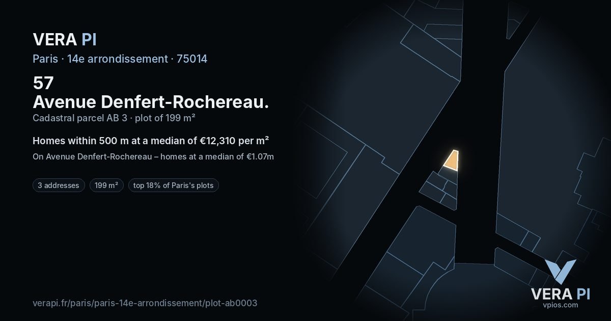 57 Avenue Denfert-Rochereau, 14e arrondissement at night – the plot lit, the parcels around coloured by the prices near them