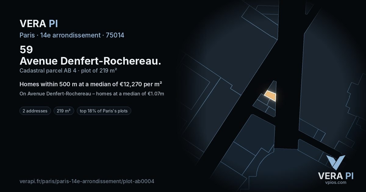 59 Avenue Denfert-Rochereau, 14e arrondissement at night – the plot lit, the parcels around coloured by the prices near them