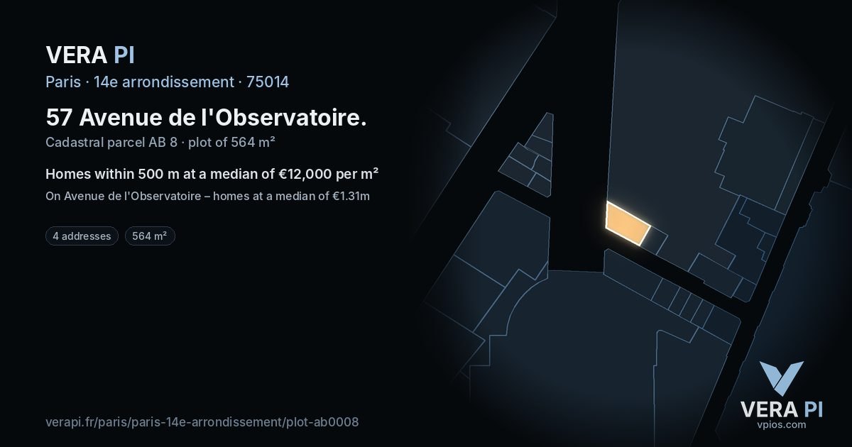 57 Avenue de l'Observatoire, 14e arrondissement at night – the plot lit, the parcels around coloured by the prices near them