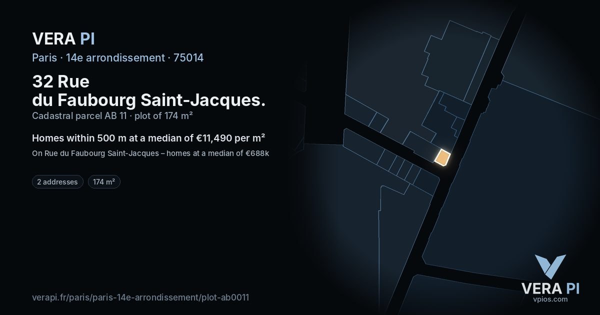 32 Rue du Faubourg Saint-Jacques, 14e arrondissement at night – the plot lit, the parcels around coloured by the prices near them