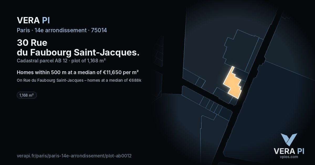 30 Rue du Faubourg Saint-Jacques, 14e arrondissement at night – the plot lit, the parcels around coloured by the prices near them