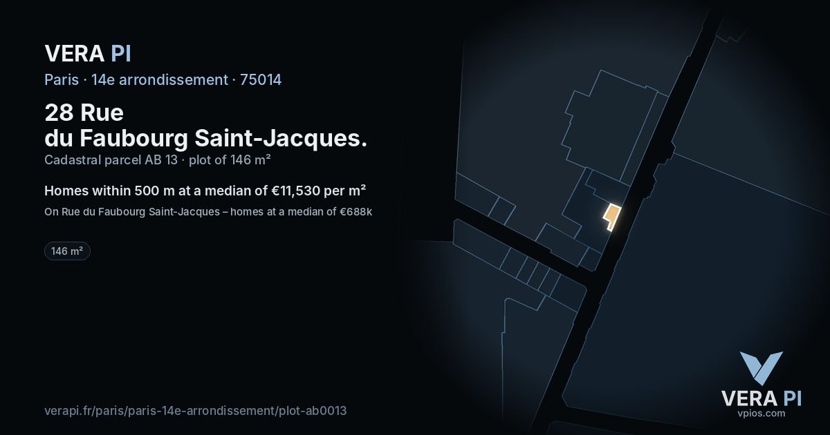 28 Rue du Faubourg Saint-Jacques, 14e arrondissement at night – the plot lit, the parcels around coloured by the prices near them