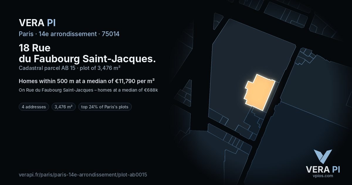 18 Rue du Faubourg Saint-Jacques, 14e arrondissement at night – the plot lit, the parcels around coloured by the prices near them