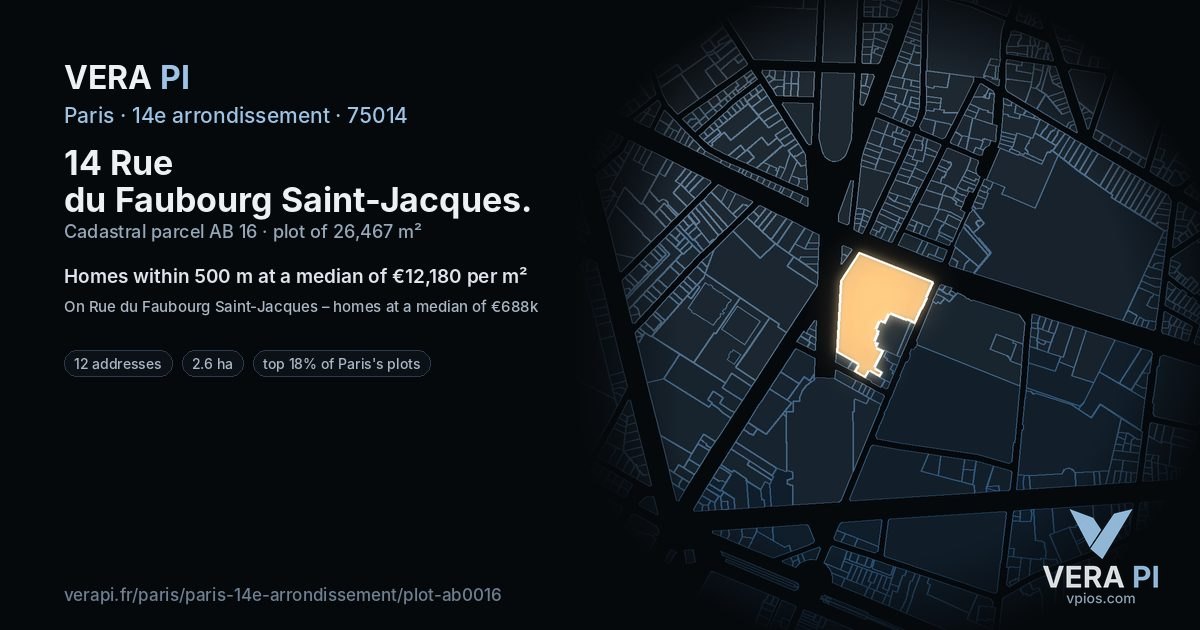 14 Rue du Faubourg Saint-Jacques, 14e arrondissement at night – the plot lit, the parcels around coloured by the prices near them