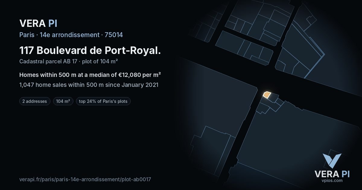 117 Boulevard de Port-Royal, 14e arrondissement at night – the plot lit, the parcels around coloured by the prices near them