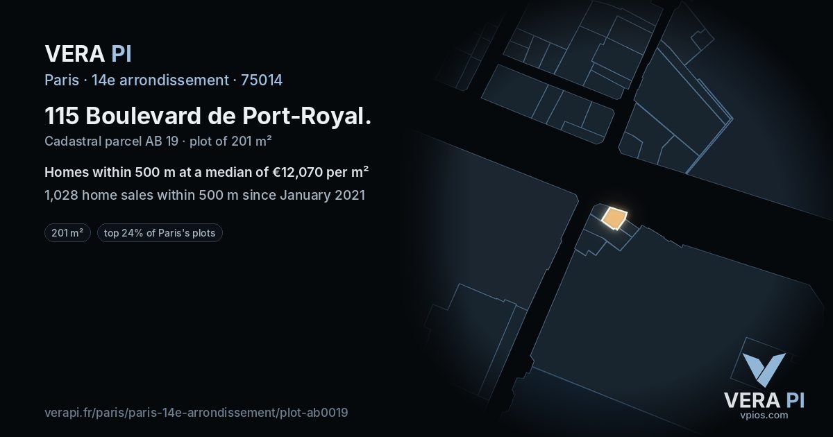 115 Boulevard de Port-Royal, 14e arrondissement at night – the plot lit, the parcels around coloured by the prices near them