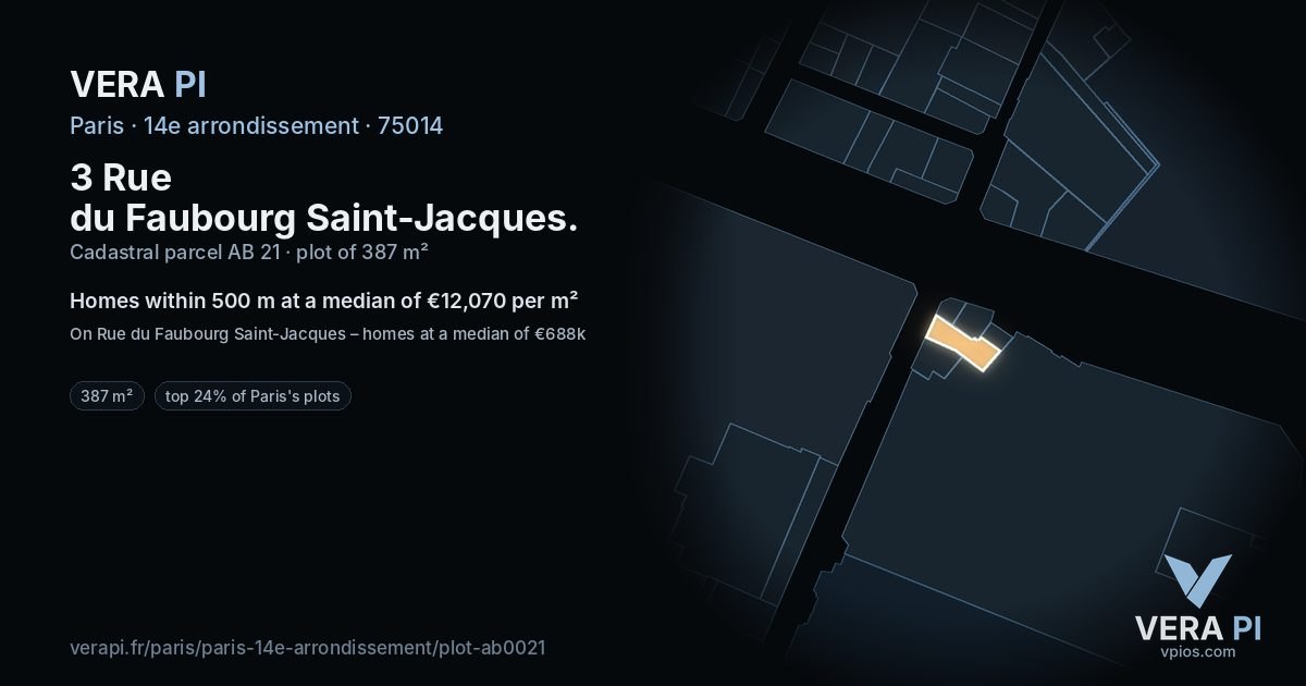 3 Rue du Faubourg Saint-Jacques, 14e arrondissement at night – the plot lit, the parcels around coloured by the prices near them