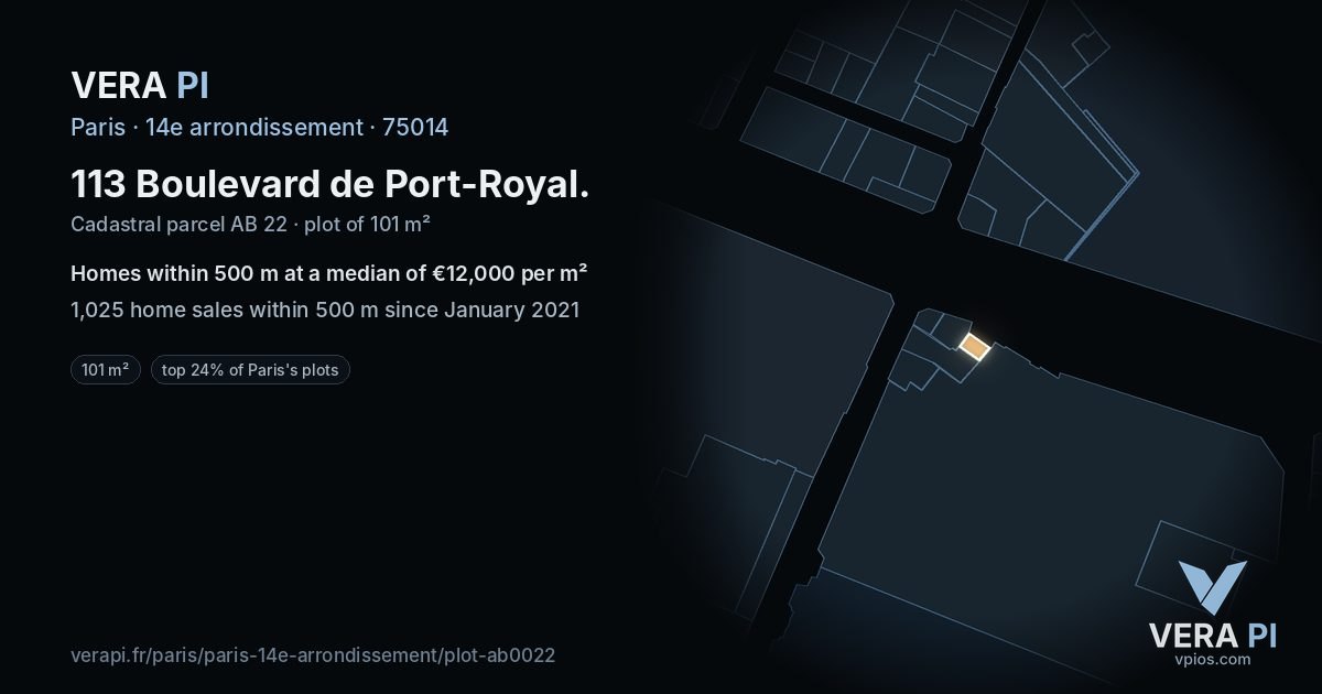 113 Boulevard de Port-Royal, 14e arrondissement at night – the plot lit, the parcels around coloured by the prices near them
