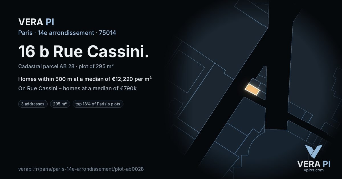 16 b Rue Cassini, 14e arrondissement at night – the plot lit, the parcels around coloured by the prices near them