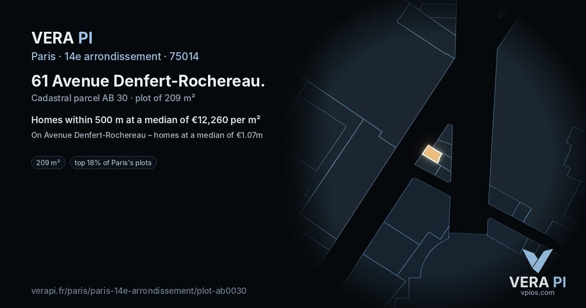 61 Avenue Denfert-Rochereau, 14e arrondissement at night – the plot lit, the parcels around coloured by the prices near them