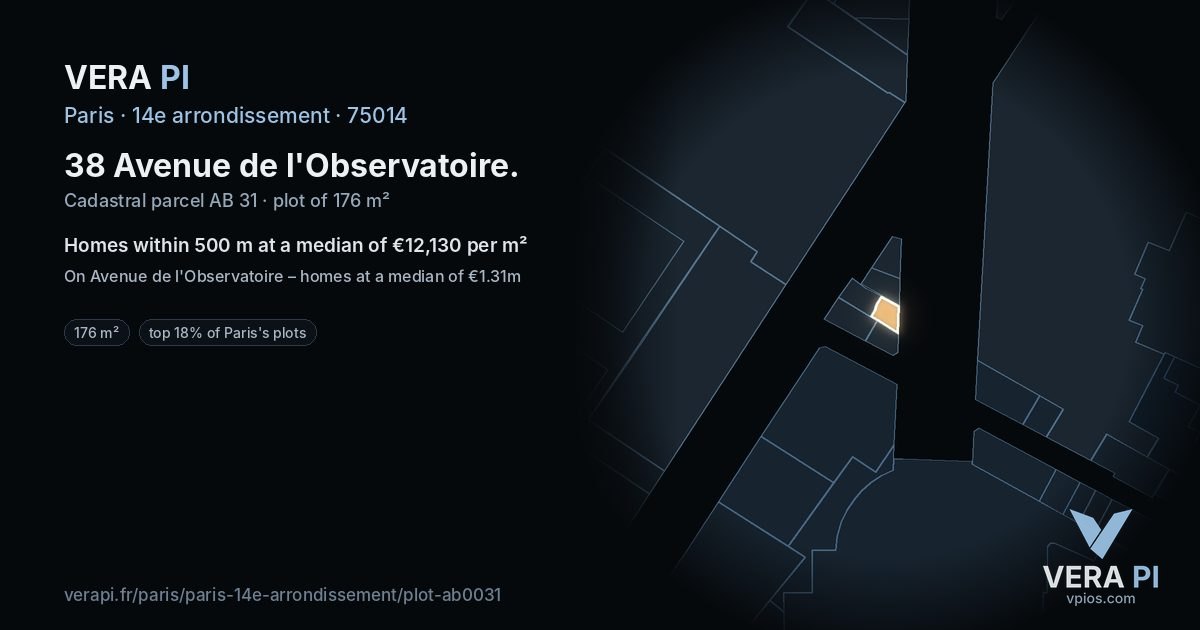 38 Avenue de l'Observatoire, 14e arrondissement at night – the plot lit, the parcels around coloured by the prices near them