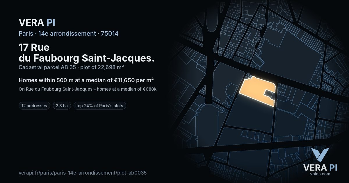 17 Rue du Faubourg Saint-Jacques, 14e arrondissement at night – the plot lit, the parcels around coloured by the prices near them