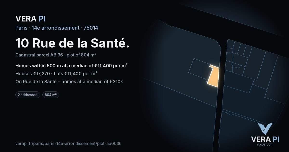 10 Rue de la Santé, 14e arrondissement at night – the plot lit, the parcels around coloured by the prices near them