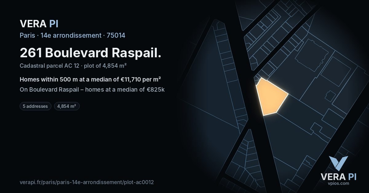 261 Boulevard Raspail, 14e arrondissement at night – the plot lit, the parcels around coloured by the prices near them