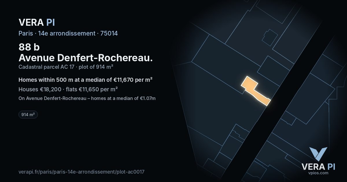 88 b Avenue Denfert-Rochereau, 14e arrondissement at night – the plot lit, the parcels around coloured by the prices near them