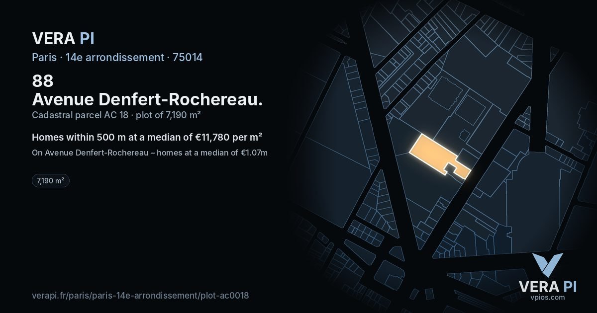 88 Avenue Denfert-Rochereau, 14e arrondissement at night – the plot lit, the parcels around coloured by the prices near them