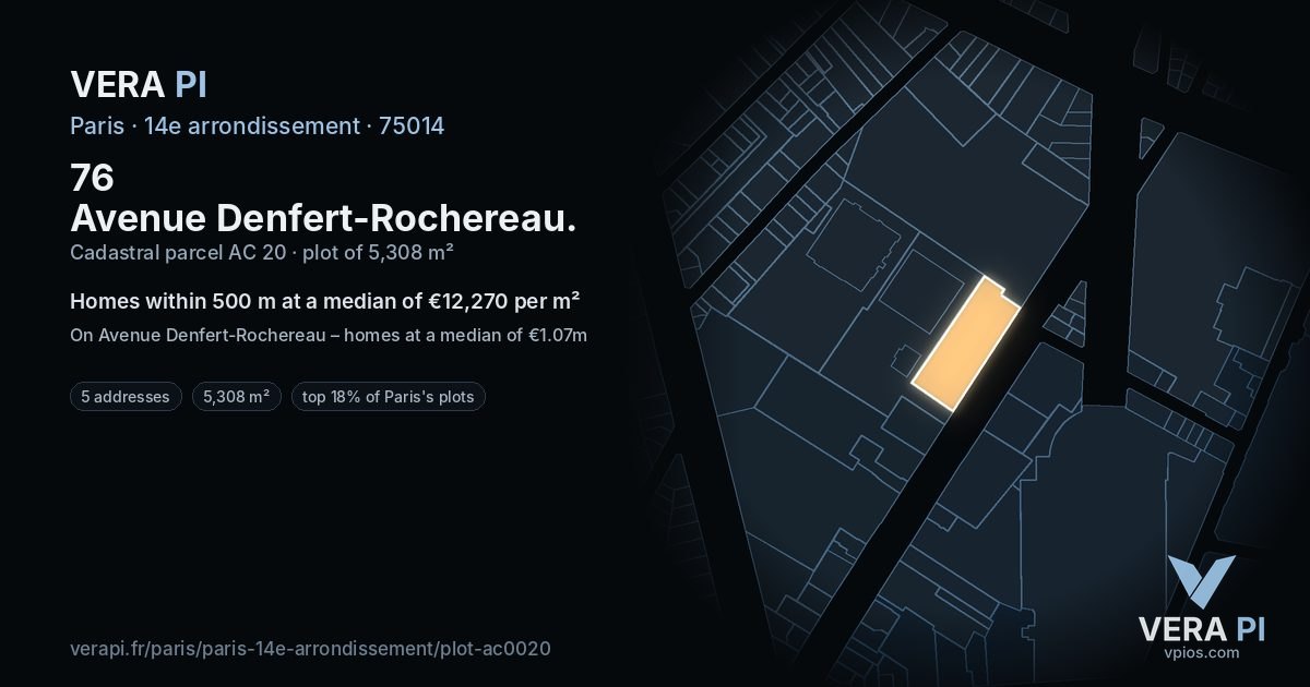 76 Avenue Denfert-Rochereau, 14e arrondissement at night – the plot lit, the parcels around coloured by the prices near them