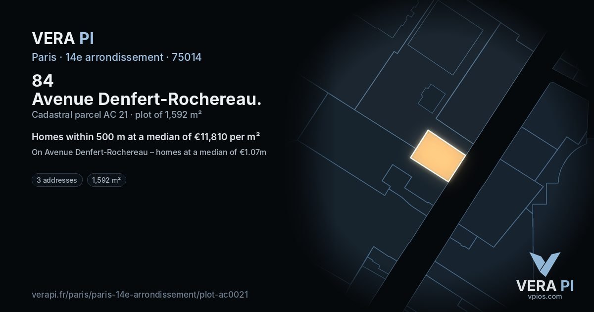 84 Avenue Denfert-Rochereau, 14e arrondissement at night – the plot lit, the parcels around coloured by the prices near them