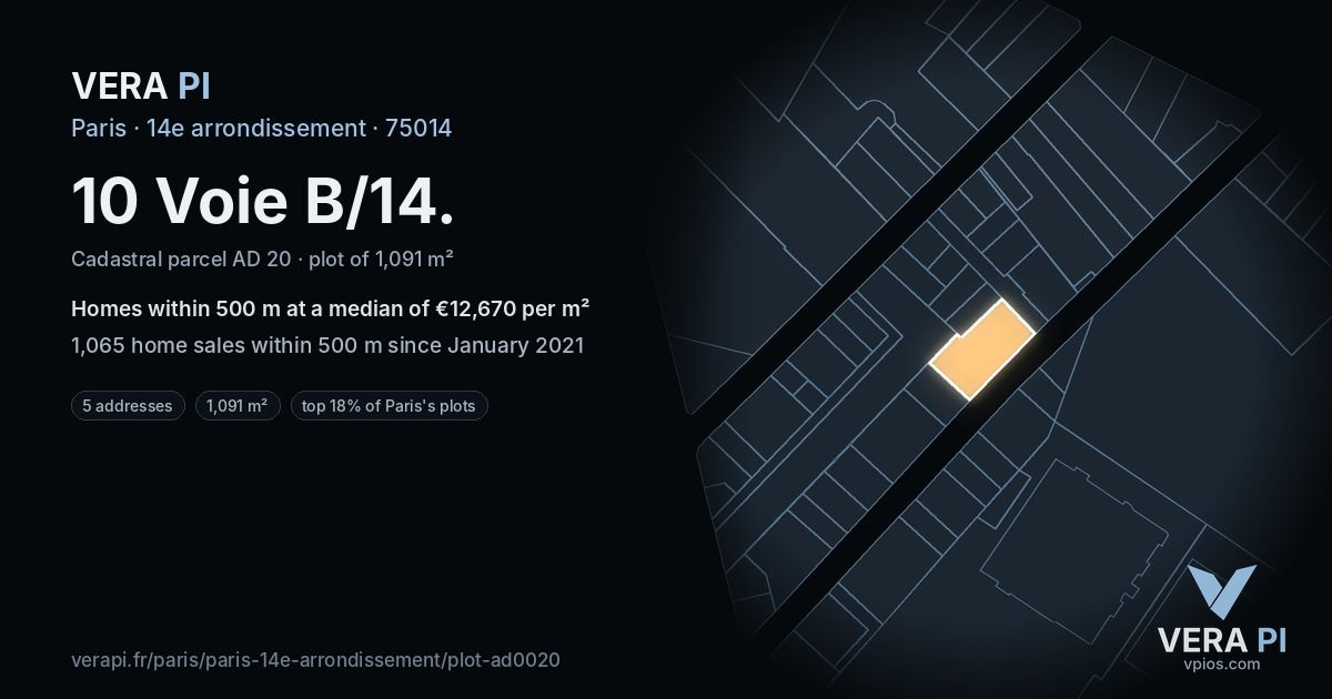 10 Voie B/14, 14e arrondissement at night – the plot lit, the parcels around coloured by the prices near them