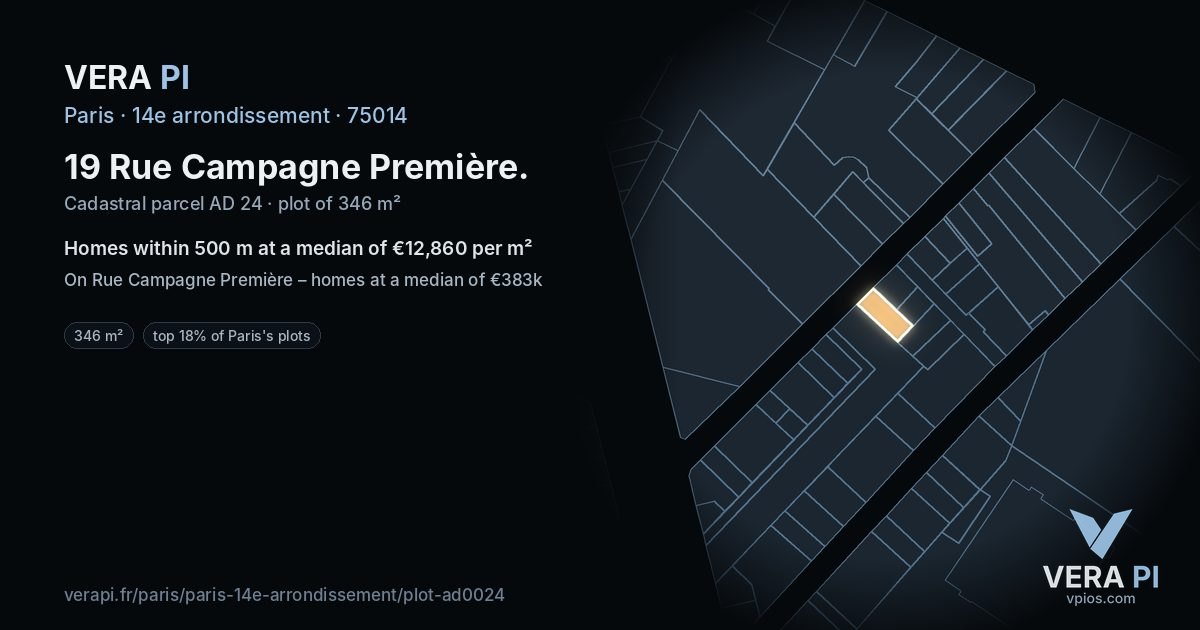 19 Rue Campagne Première, 14e arrondissement at night – the plot lit, the parcels around coloured by the prices near them