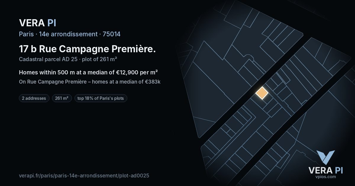 17 b Rue Campagne Première, 14e arrondissement at night – the plot lit, the parcels around coloured by the prices near them