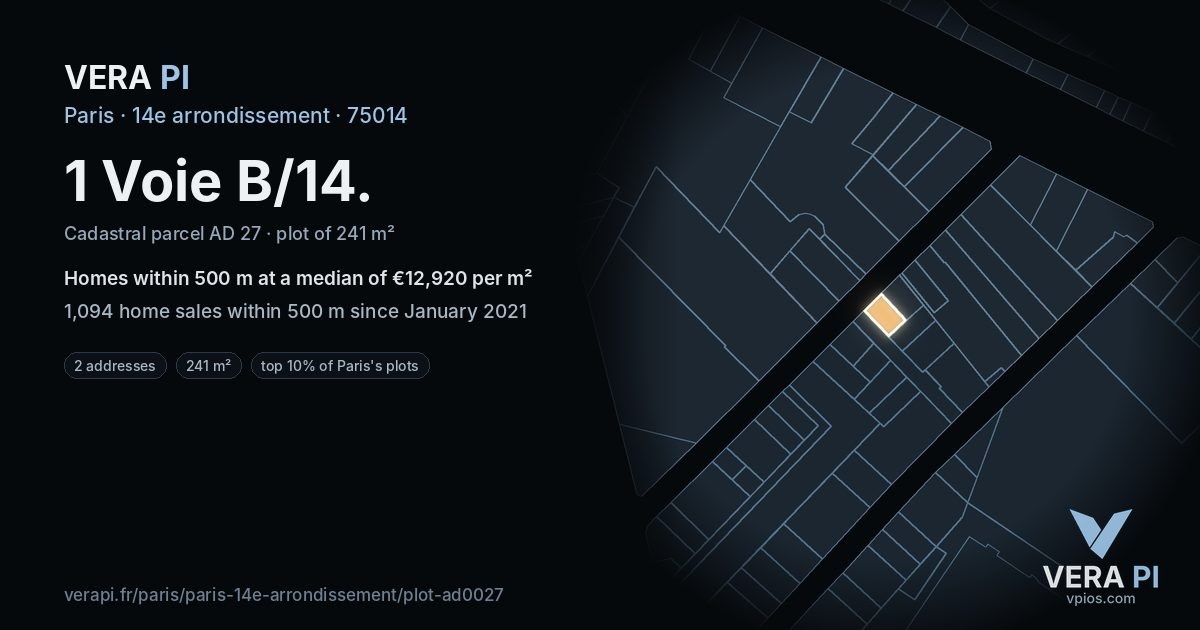 1 Voie B/14, 14e arrondissement at night – the plot lit, the parcels around coloured by the prices near them
