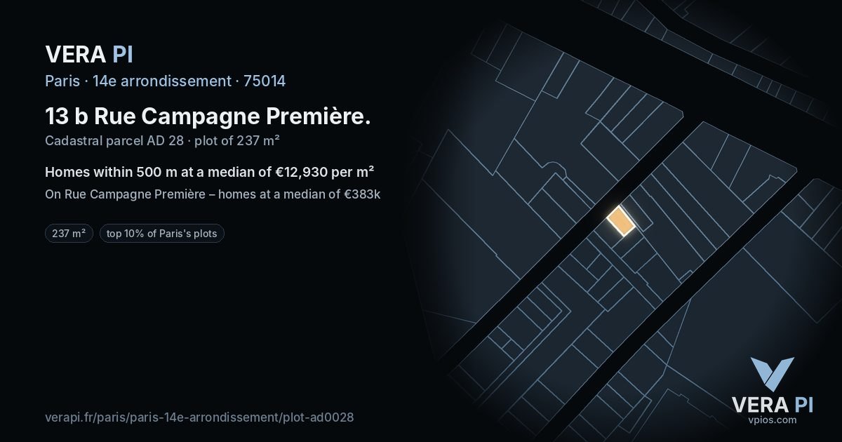 13 b Rue Campagne Première, 14e arrondissement at night – the plot lit, the parcels around coloured by the prices near them