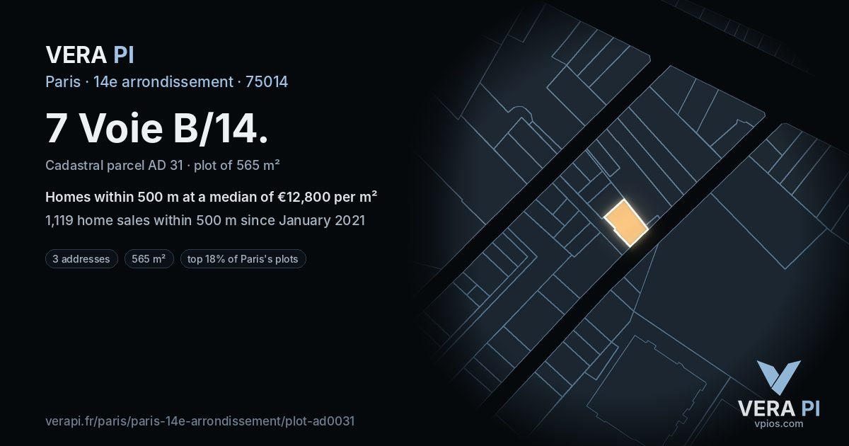 7 Voie B/14, 14e arrondissement at night – the plot lit, the parcels around coloured by the prices near them