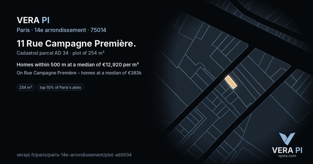 11 Rue Campagne Première, 14e arrondissement at night – the plot lit, the parcels around coloured by the prices near them
