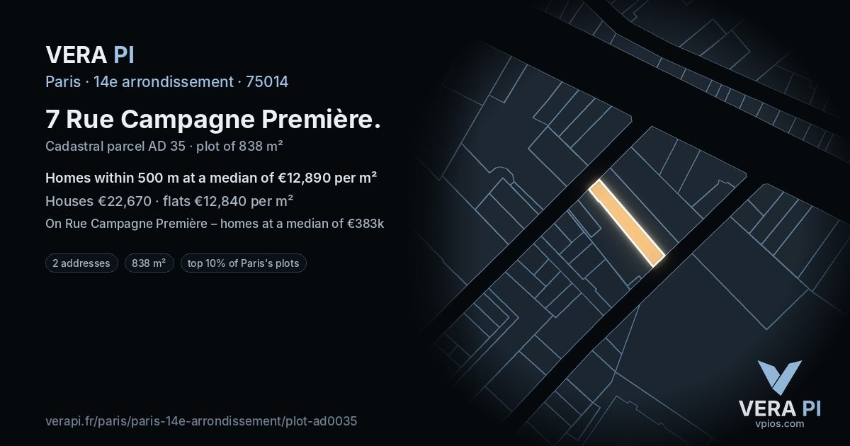 7 Rue Campagne Première, 14e arrondissement at night – the plot lit, the parcels around coloured by the prices near them