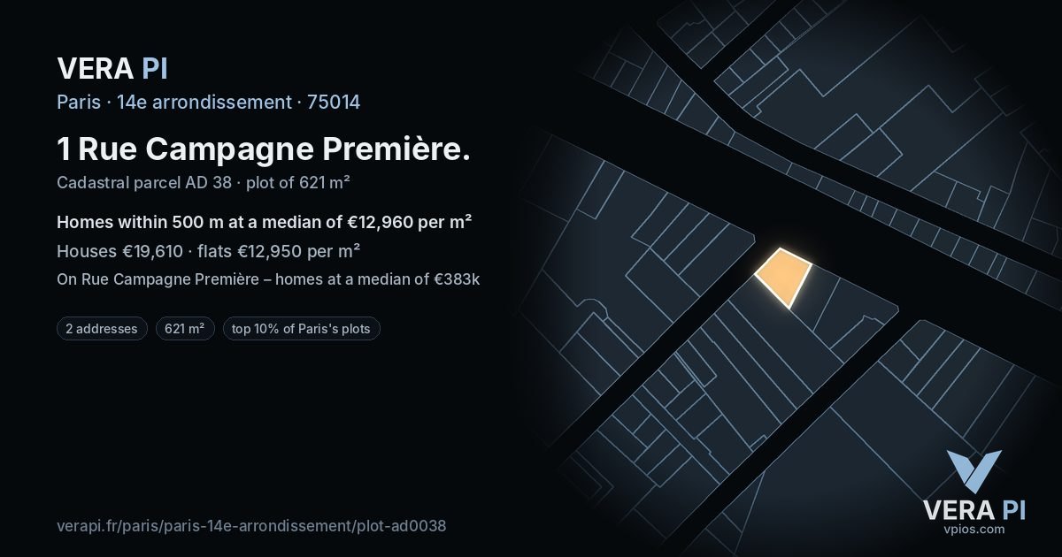 1 Rue Campagne Première, 14e arrondissement at night – the plot lit, the parcels around coloured by the prices near them
