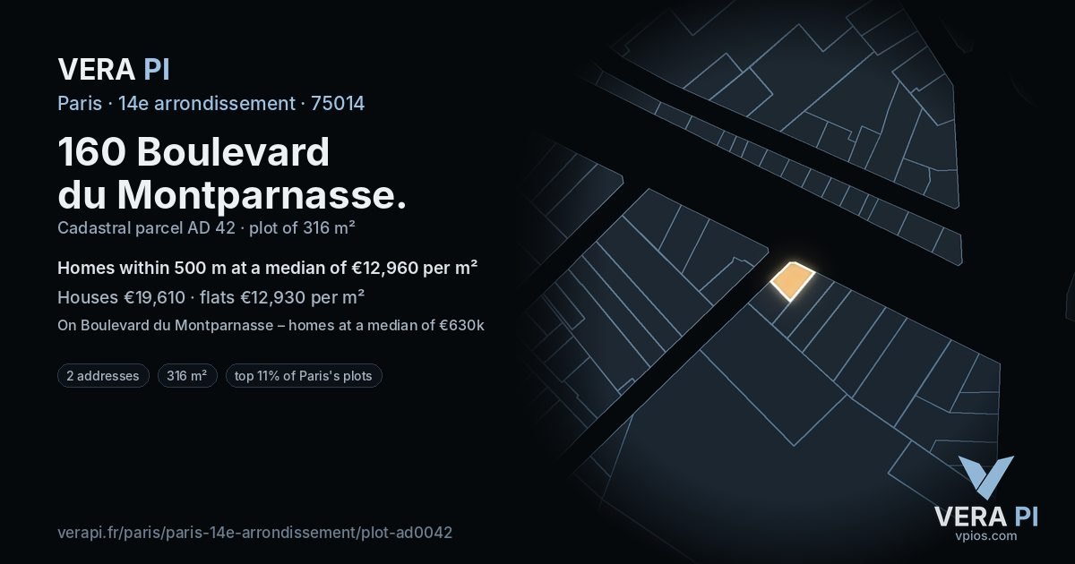 160 Boulevard du Montparnasse, 14e arrondissement at night – the plot lit, the parcels around coloured by the prices near them