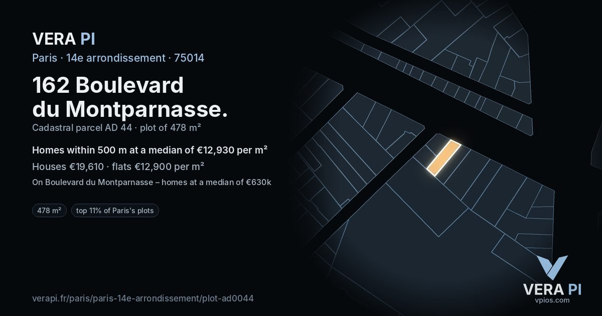 162 Boulevard du Montparnasse, 14e arrondissement at night – the plot lit, the parcels around coloured by the prices near them