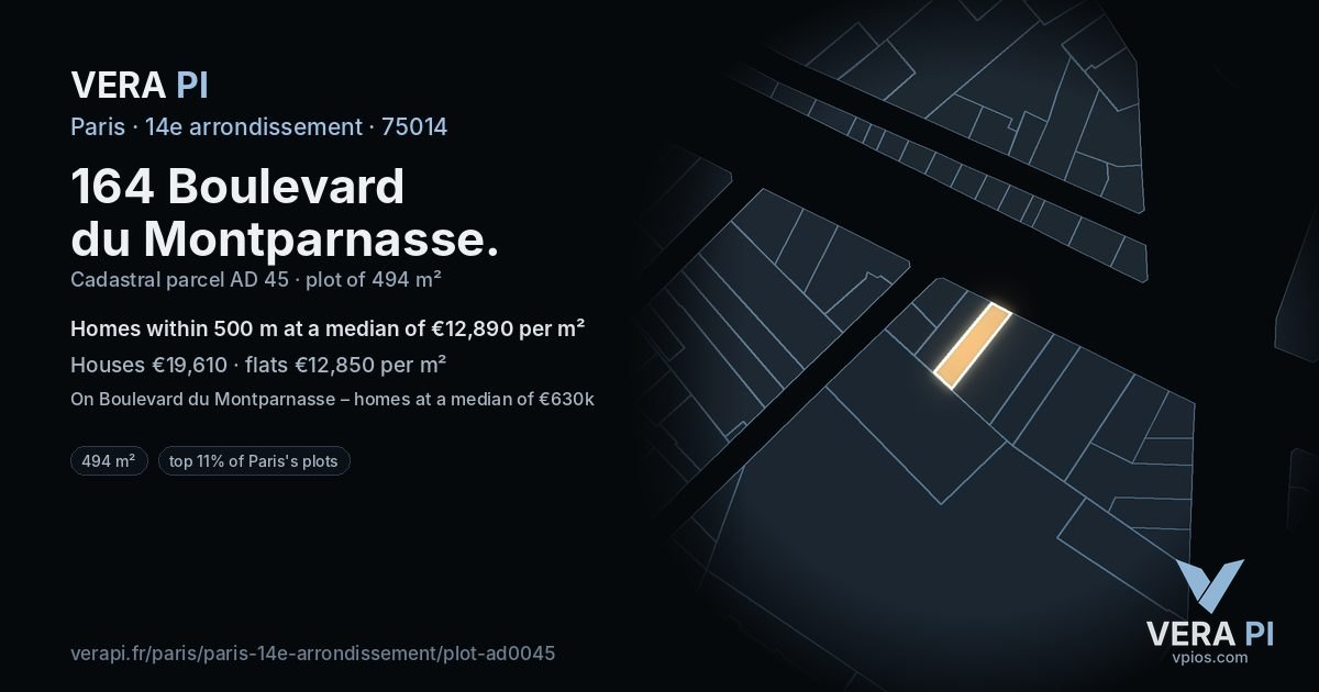 164 Boulevard du Montparnasse, 14e arrondissement at night – the plot lit, the parcels around coloured by the prices near them