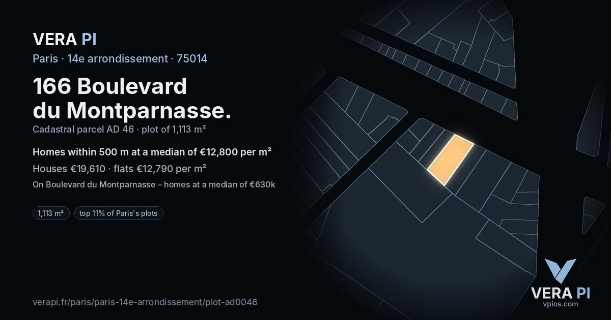 166 Boulevard du Montparnasse, 14e arrondissement at night – the plot lit, the parcels around coloured by the prices near them